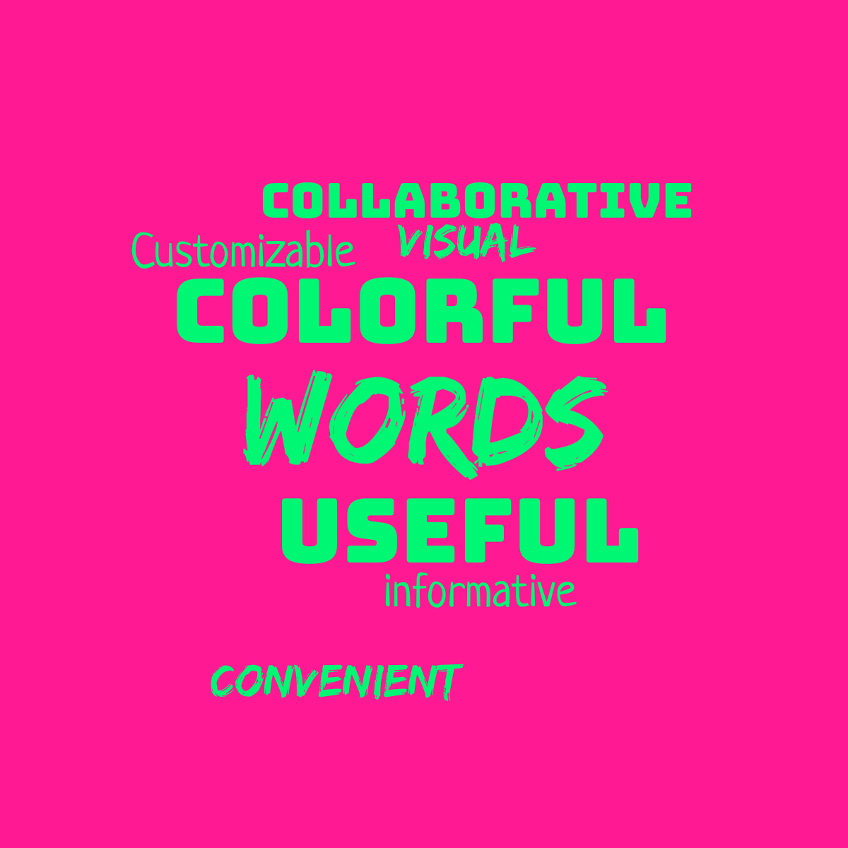 Collaborative word cloud with 8 words like words, useful and colorful in bright green and pink.