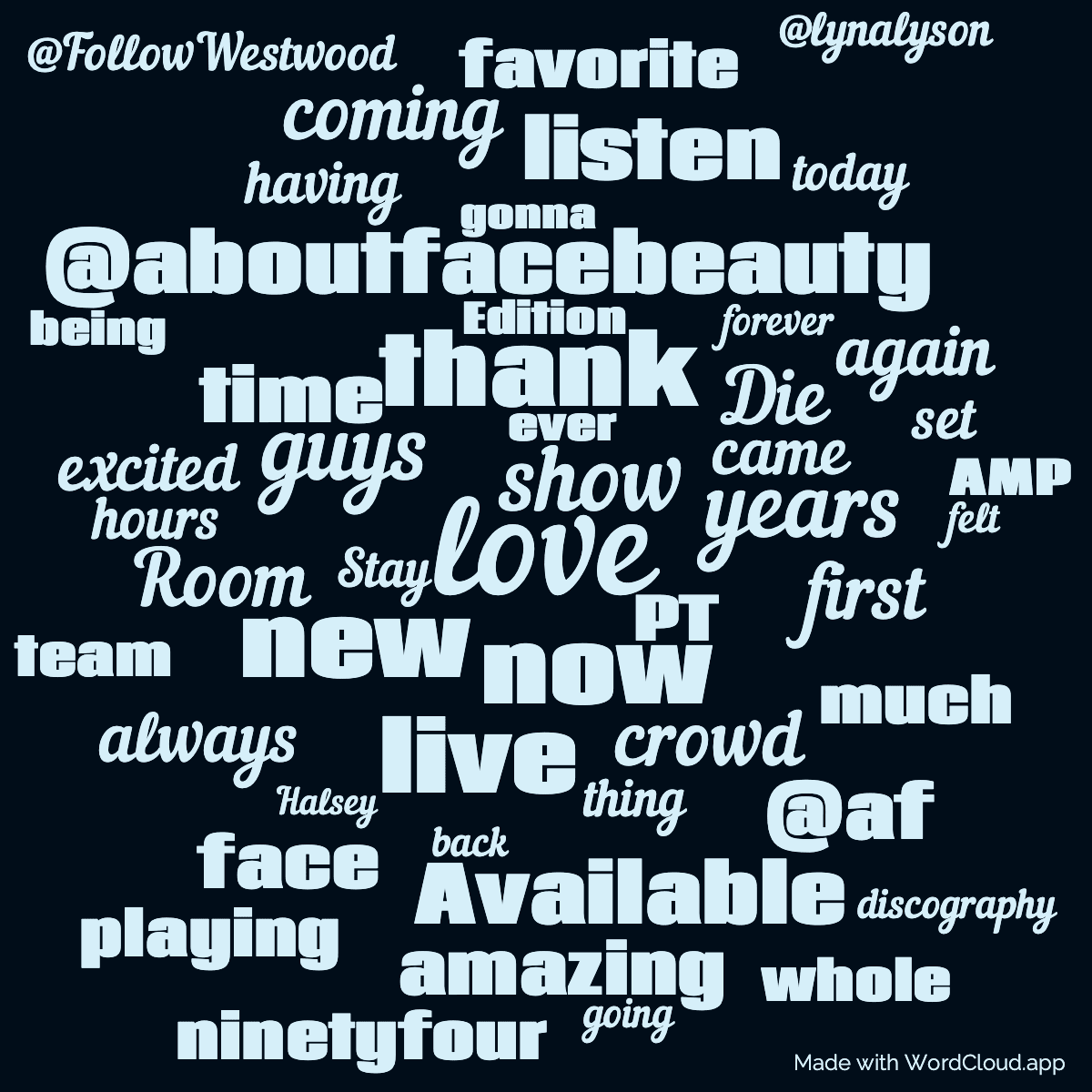 Word cloud with 50 words like love, show and now in blue and black.