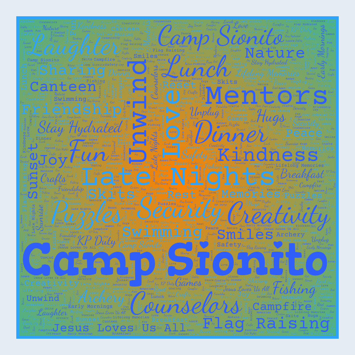 Word cloud in a Square shape with 43 words like Camp Sionito, Friendship and Canteen in blue, orange and green.