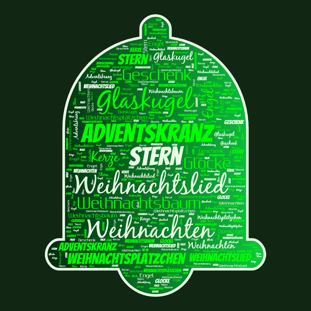Word cloud in an Alarm shape with 11 words like Glaskugel, Weihnachten and Engel in green and black.