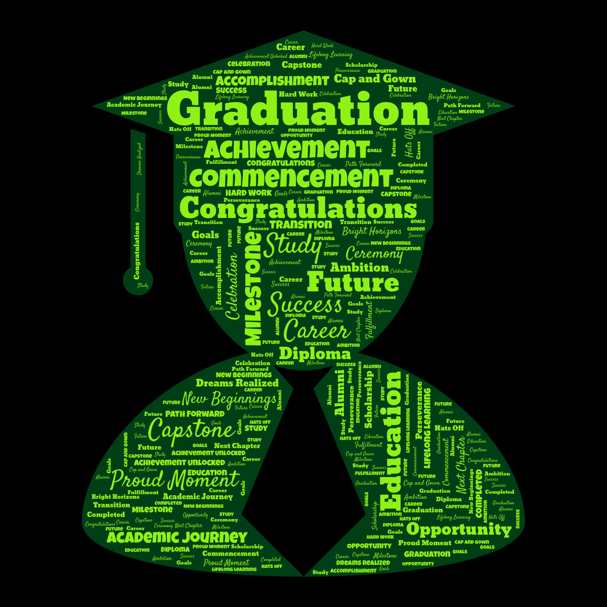 Word cloud in a Graduate shape with 36 words like Graduation, Congratulations and Success in green and black.