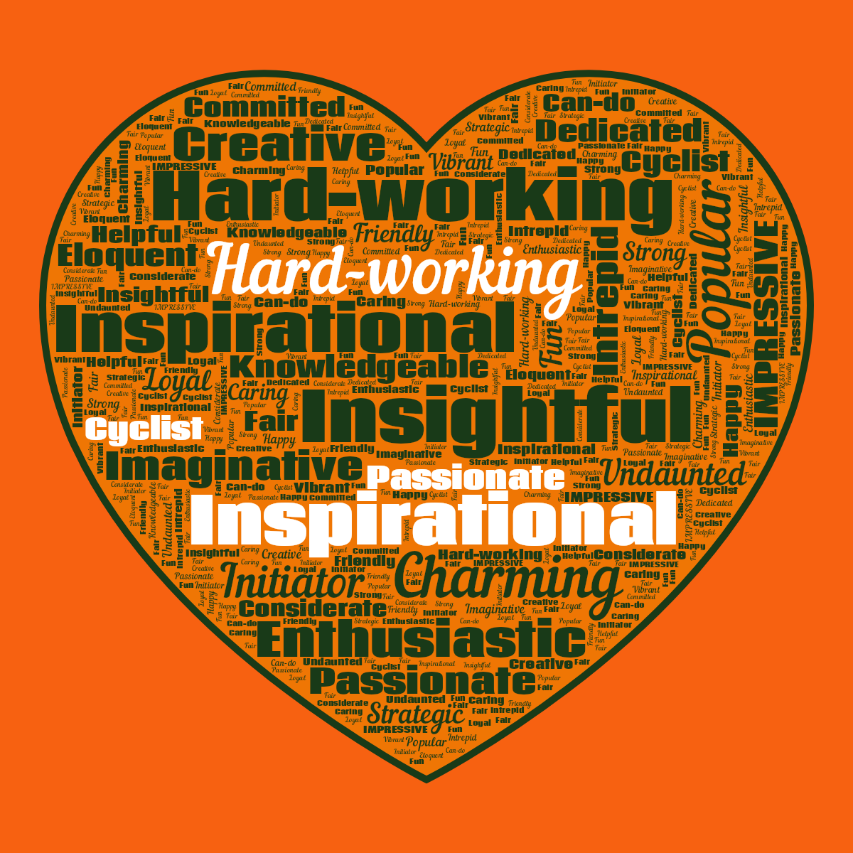 Word cloud in a Heart shape with 30 words like Insightful, Hard-working and Inspirational in green and orange.