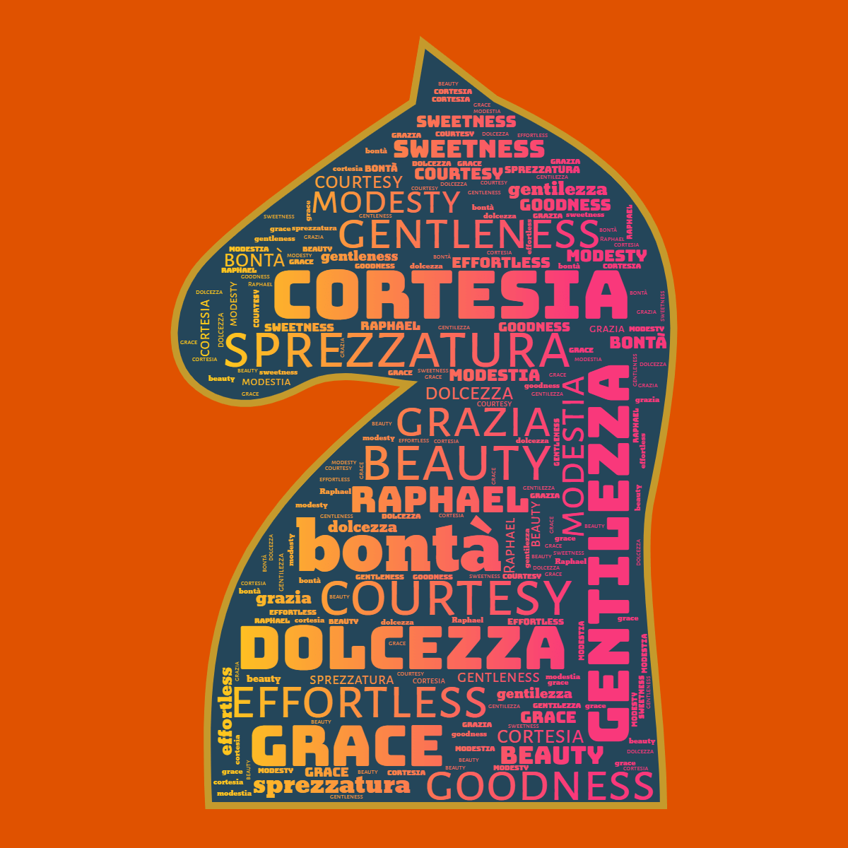 Word cloud in a Chess Horse shape with 16 words like sprezzatura, beauty and bontà in multicolor.