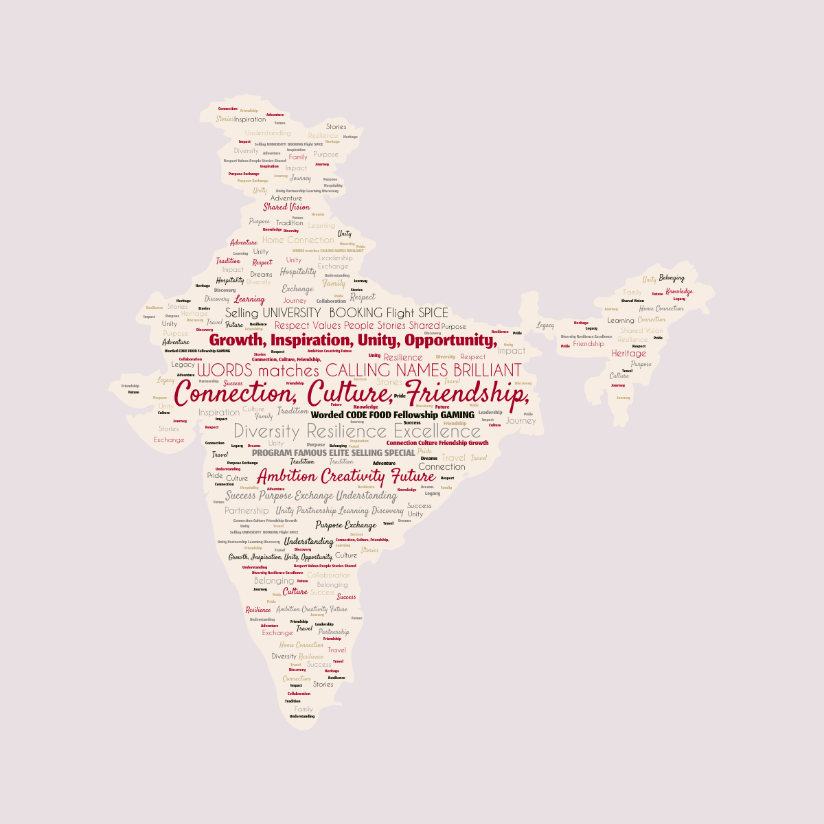 Collaborative word cloud in a custom shape with 47 words like Connection, Culture, Friendship, Growth, Inspiration, Unity, Opportunity, and Diversity Resilience Excellence in multicolor.