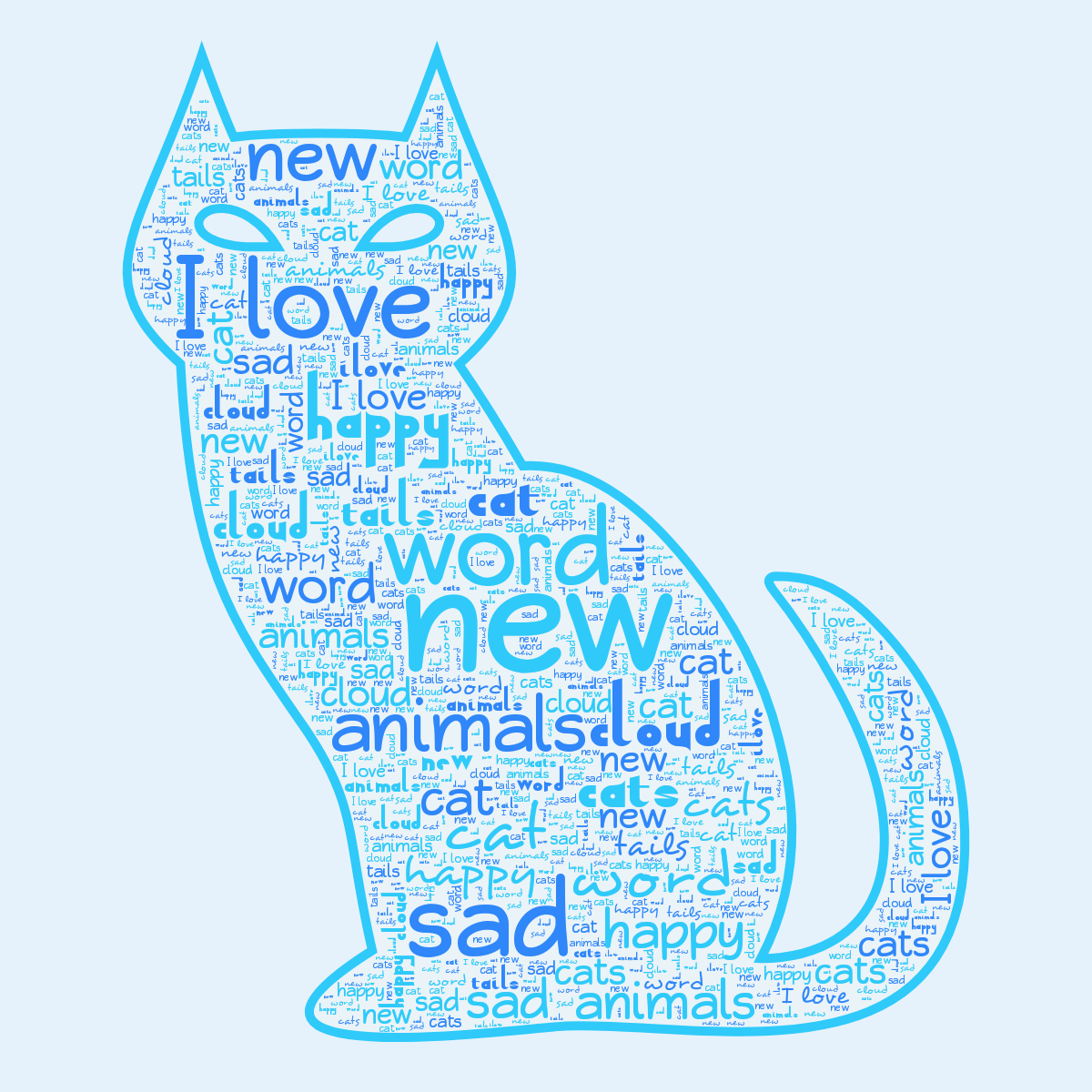 Word cloud in a Cat shape with 10 words like new, word and cloud in blue.