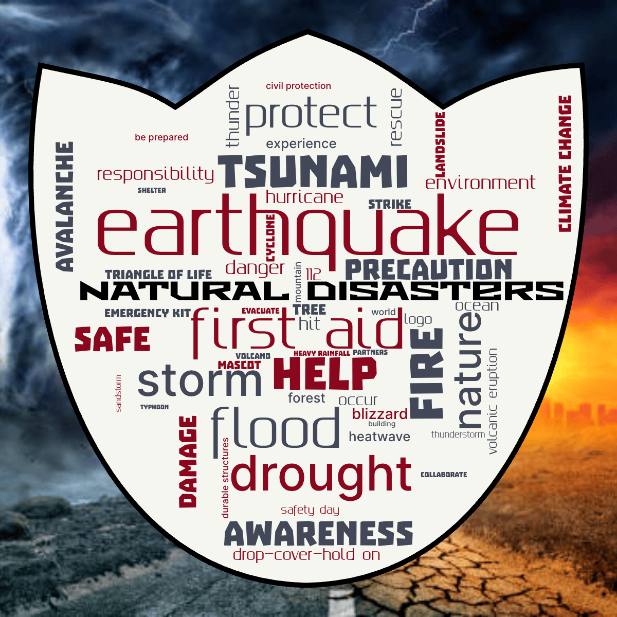 Word cloud in a Tulip shape with 56 words like earthquake, first aid and help in multicolor.