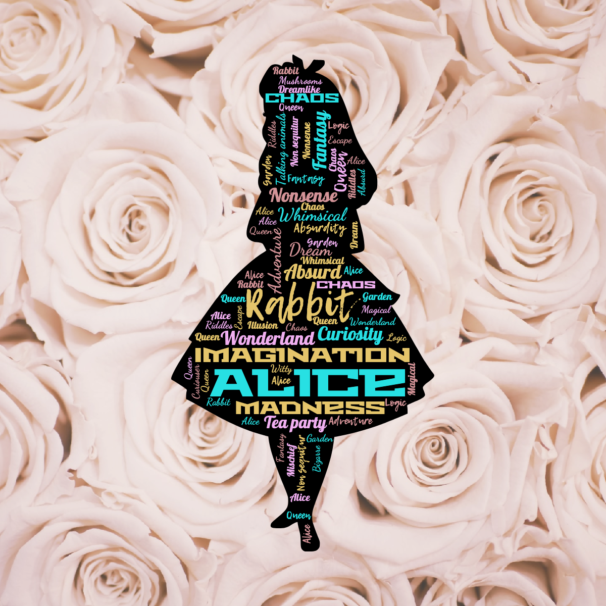Word cloud in a custom shape with 43 words like Alice, Rabbit and Imagination in multicolor.