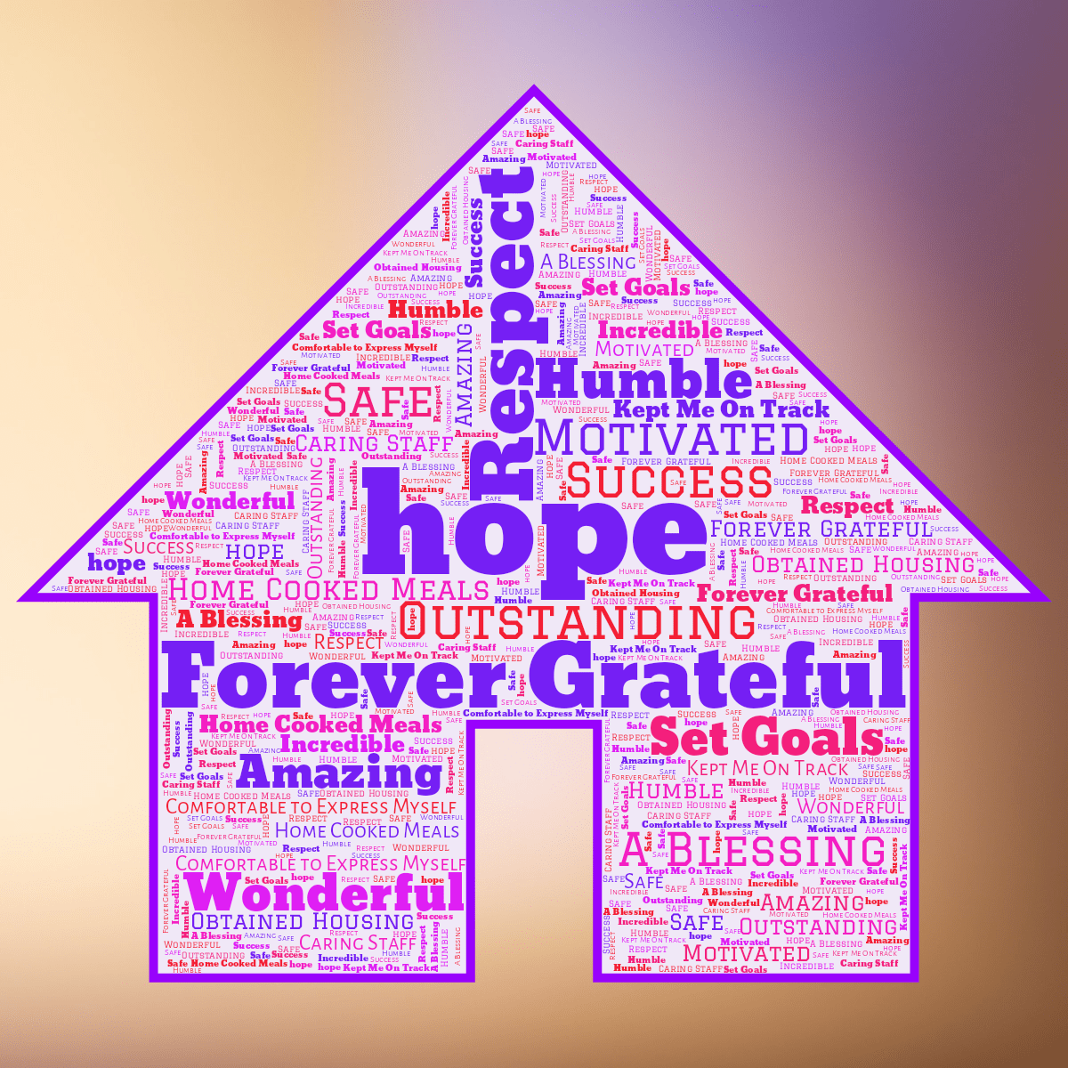 Word cloud in a House shape with 18 words like hope, Forever Grateful and Respect in purple, pink and red.