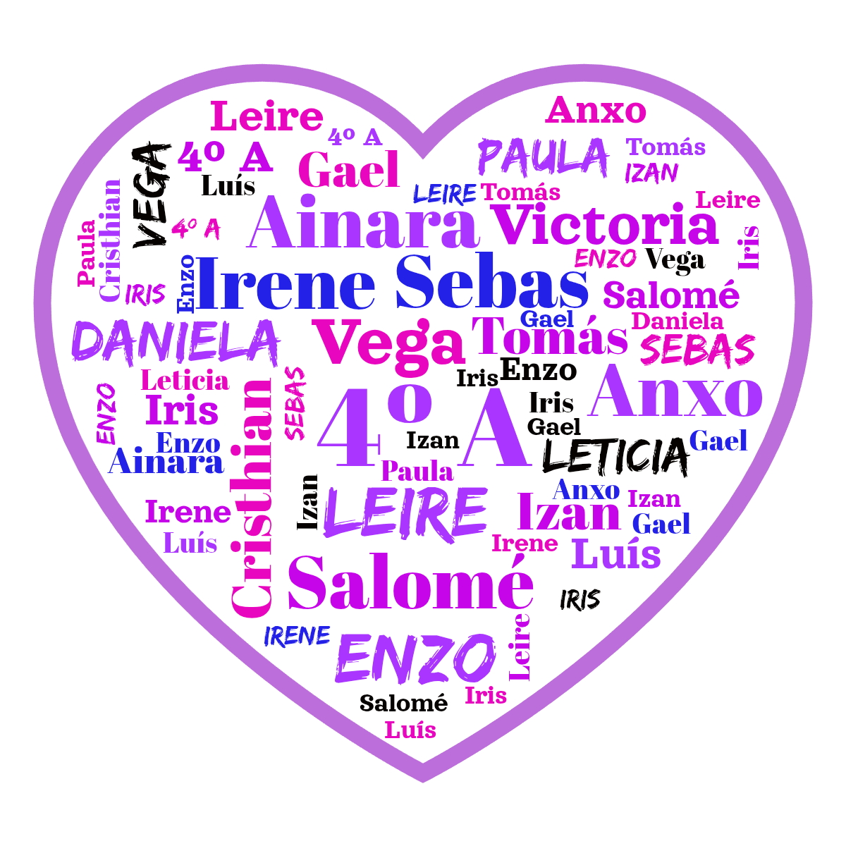 Word cloud in a Heart shape with 19 words like 4º A, Leire and Vega in multicolor.