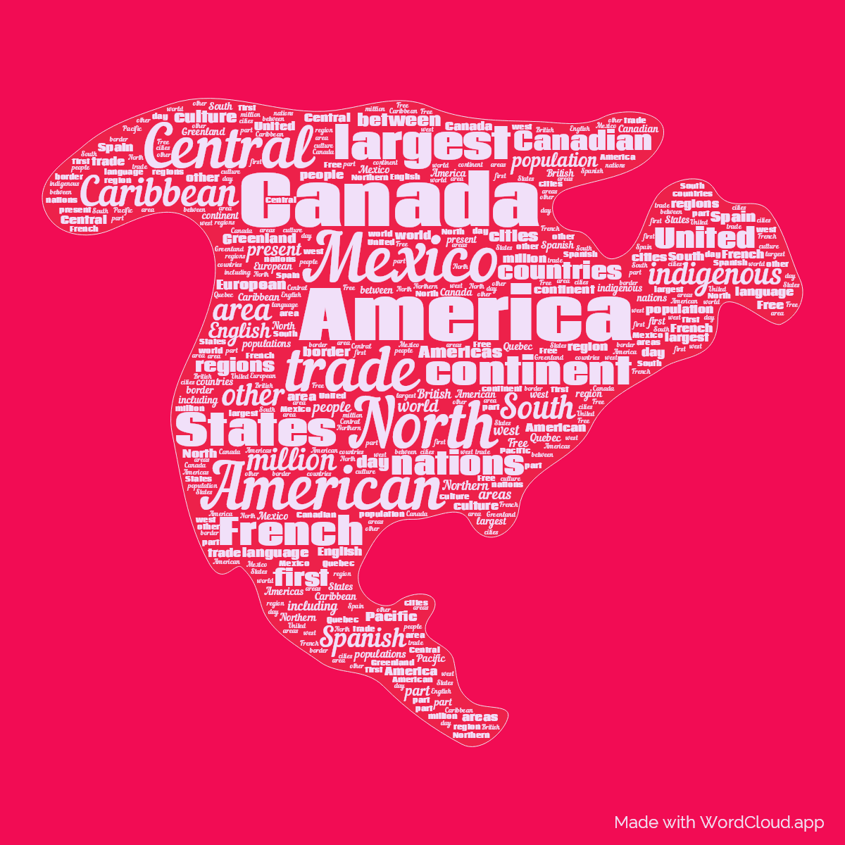Word cloud in a North America shape with 50 words like America, North and Mexico in purple and red.
