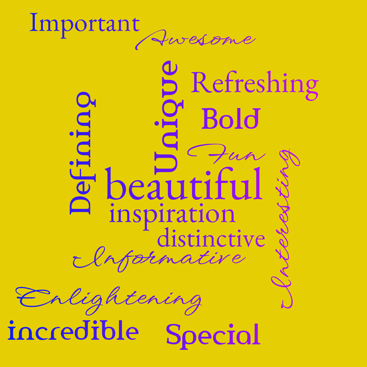 Word cloud with 15 words like beautiful, inspiration and Unique in bright blue, purple and yellow.