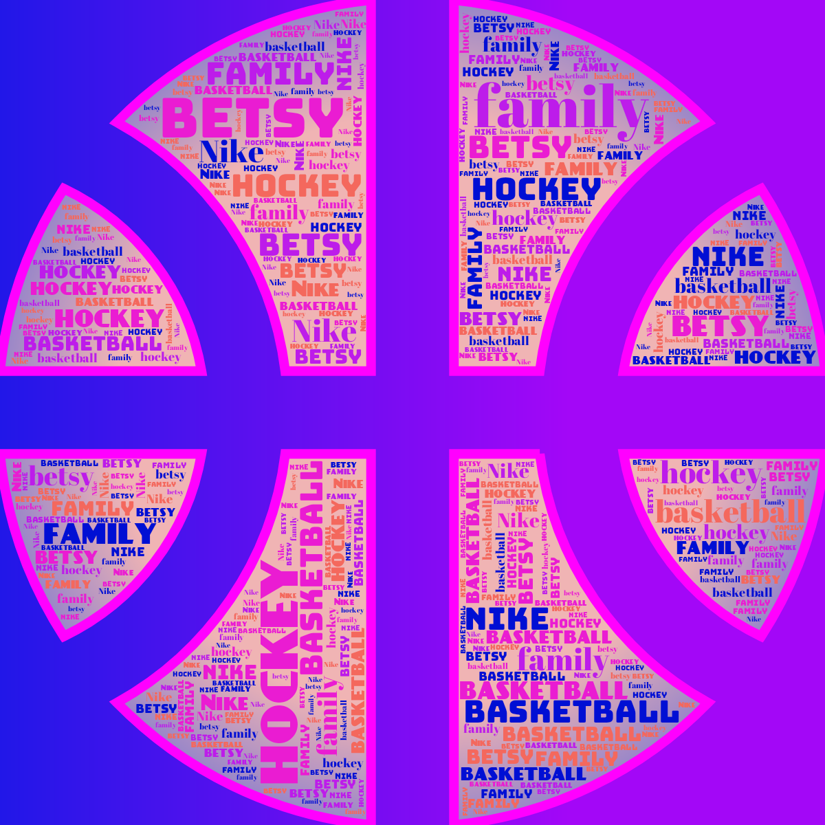 Word cloud in a Basketball shape with 5 words like family, betsy and hockey in purple, blue and red.