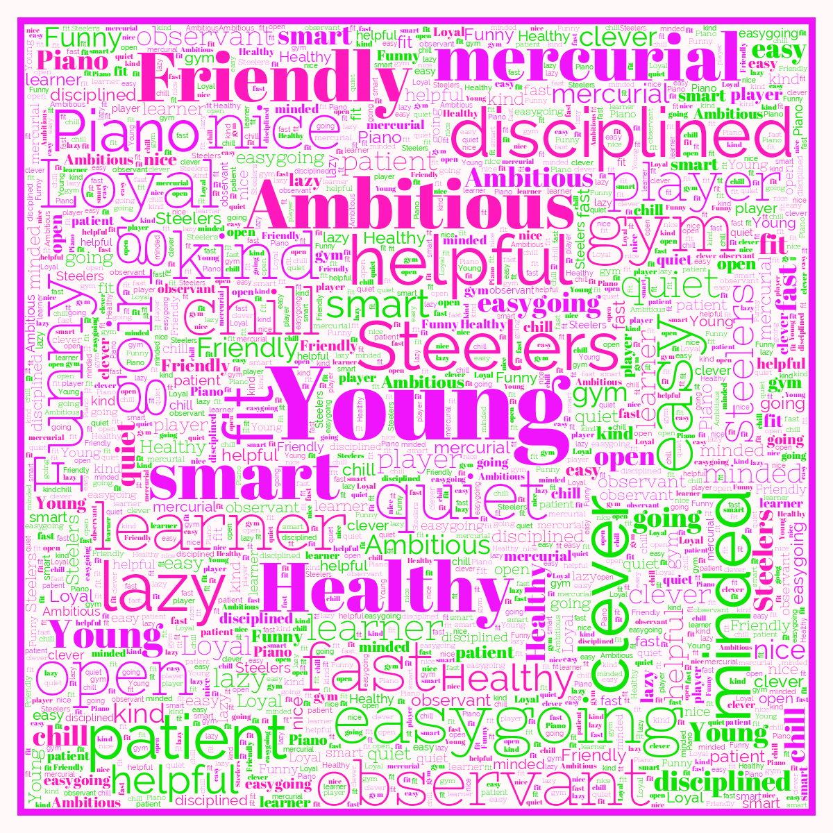 Word cloud in a Square shape with 30 words like Young, quiet and Steelers in purple, green and red.