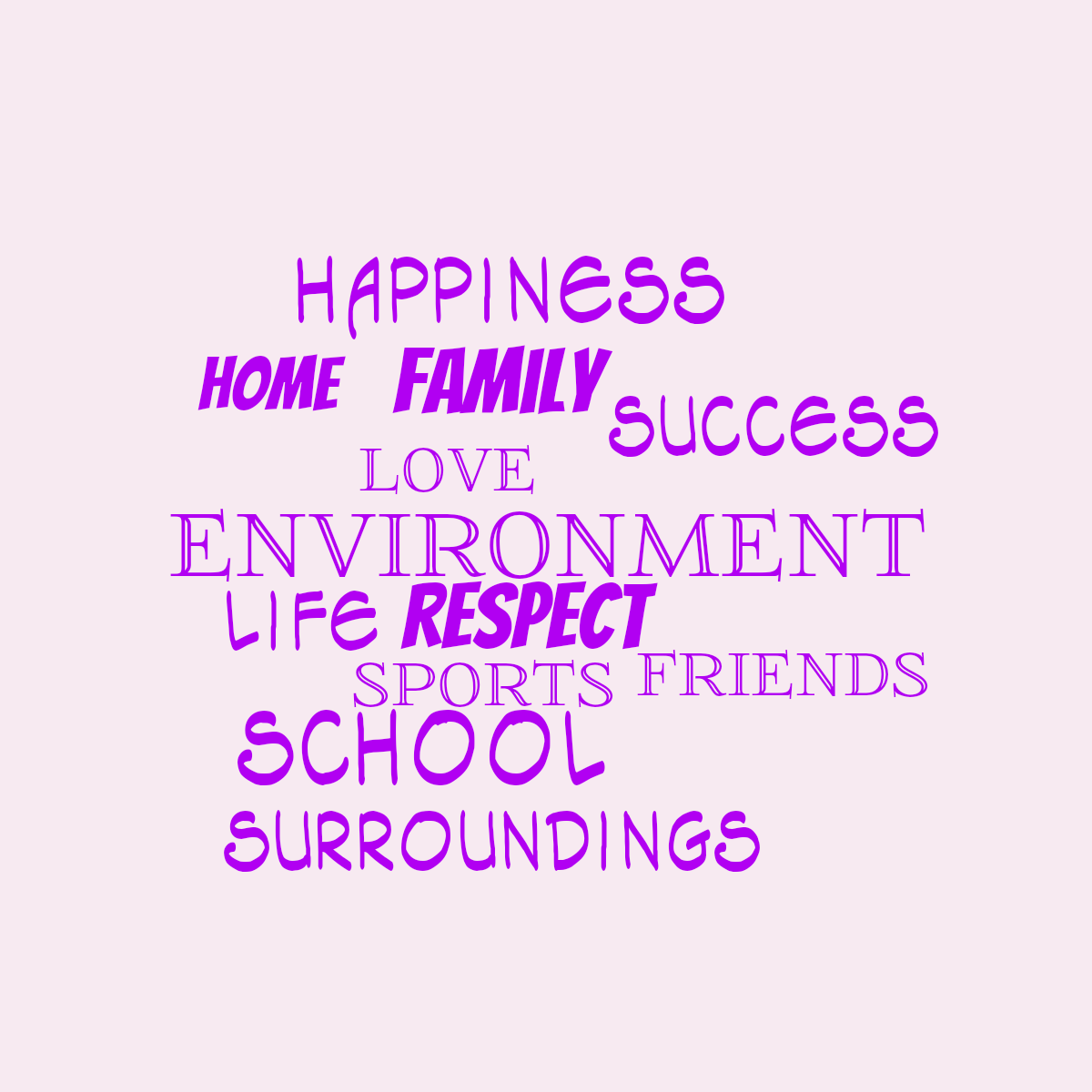 Word cloud with 12 words like environment, respect and friends in purple and pink.