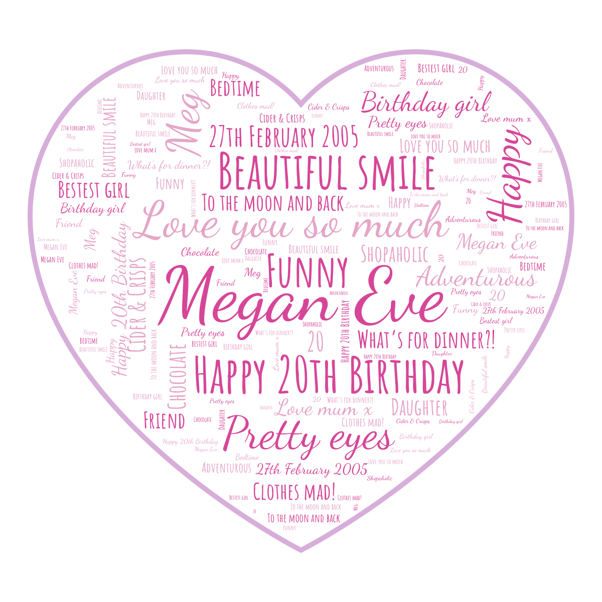 Word cloud in a Heart shape with 23 words like Megan Eve, Happy 20th Birthday and Love you so much in pink and purple.