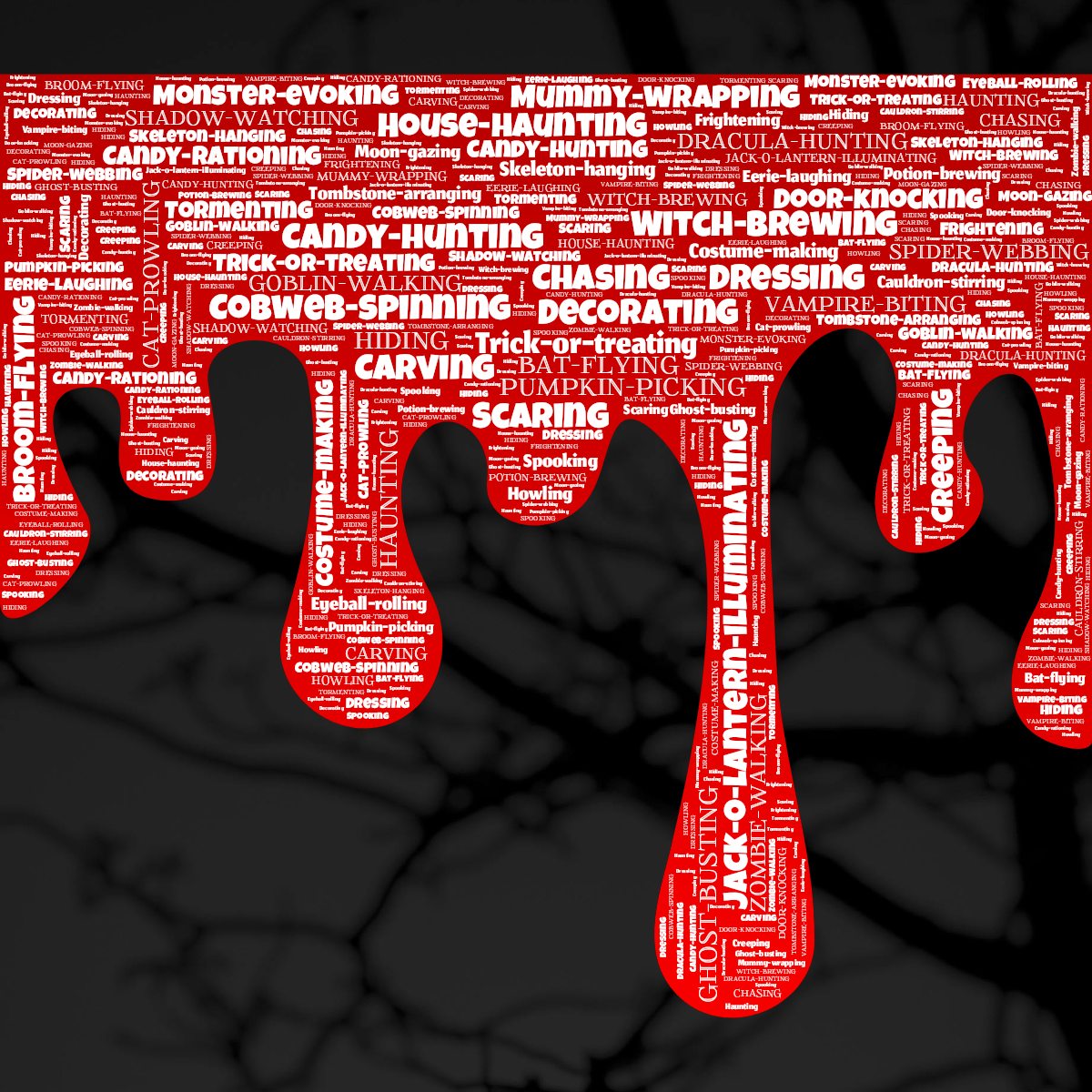 Word cloud in a Blood shape with 41 words like Trick-or-treating, Carving and Haunting in white and red.