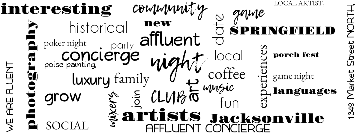 Word cloud with 38 words like night, affluent and art in black and white.