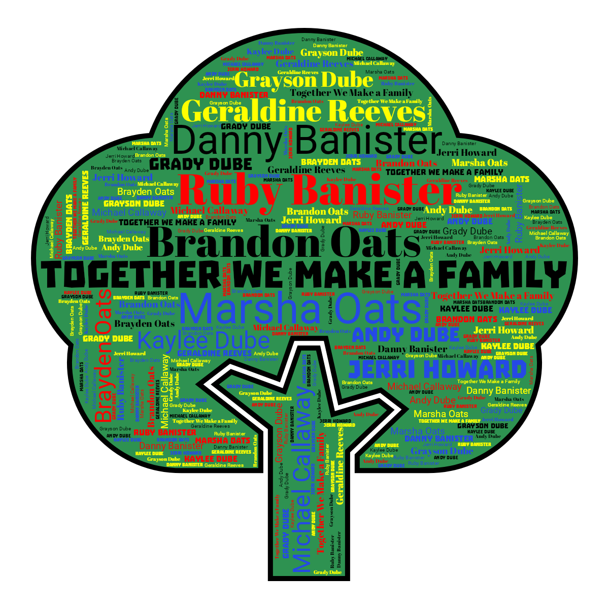 Word cloud in a Tree shape with 13 words like Together We Make a Family, Marsha Oats and Brandon Oats in multicolor.