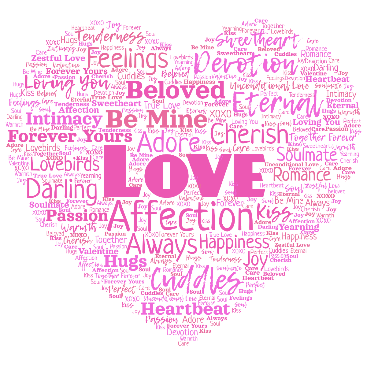 Word cloud in a Heart shape with 38 words like Affection, Adore and Always in pink and purple.