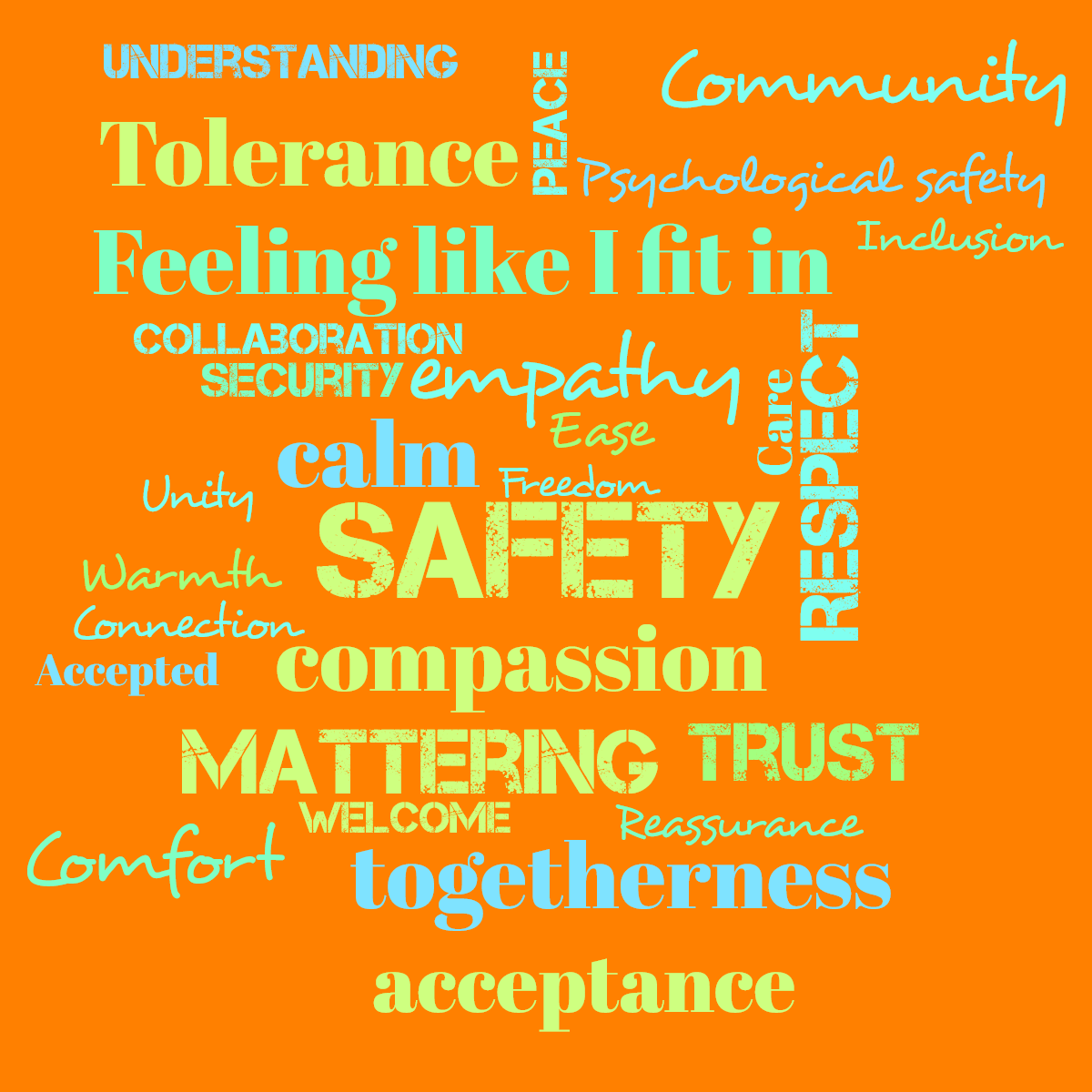 Word cloud with 28 words like Safety, compassion and empathy in green, blue and orange.