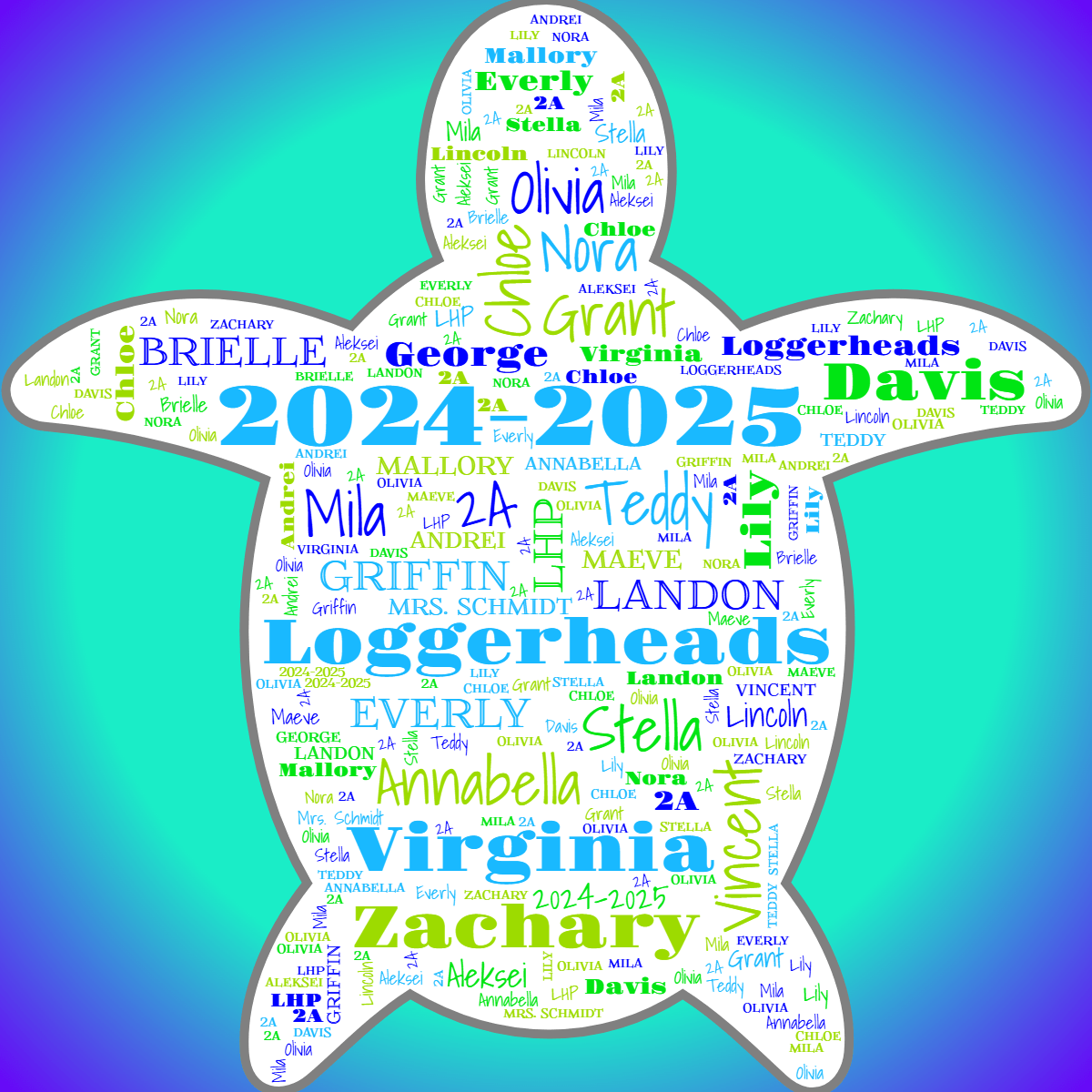 Word cloud in a Turtle shape with 28 words like 2024-2025, Loggerheads and LHP in multicolor.