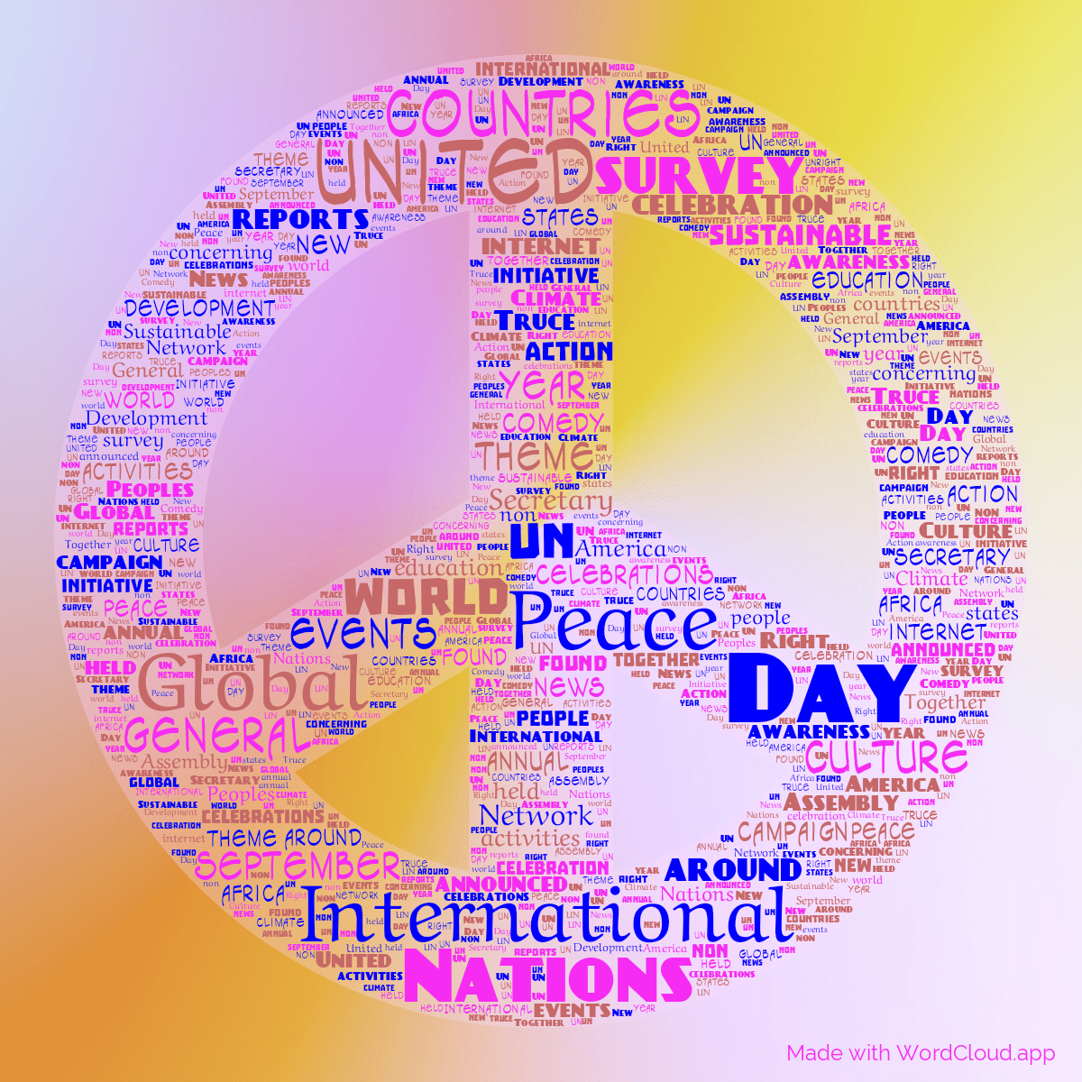 Word cloud in a Peace shape with 50 words like Peace, Day and International in blue, purple and red.