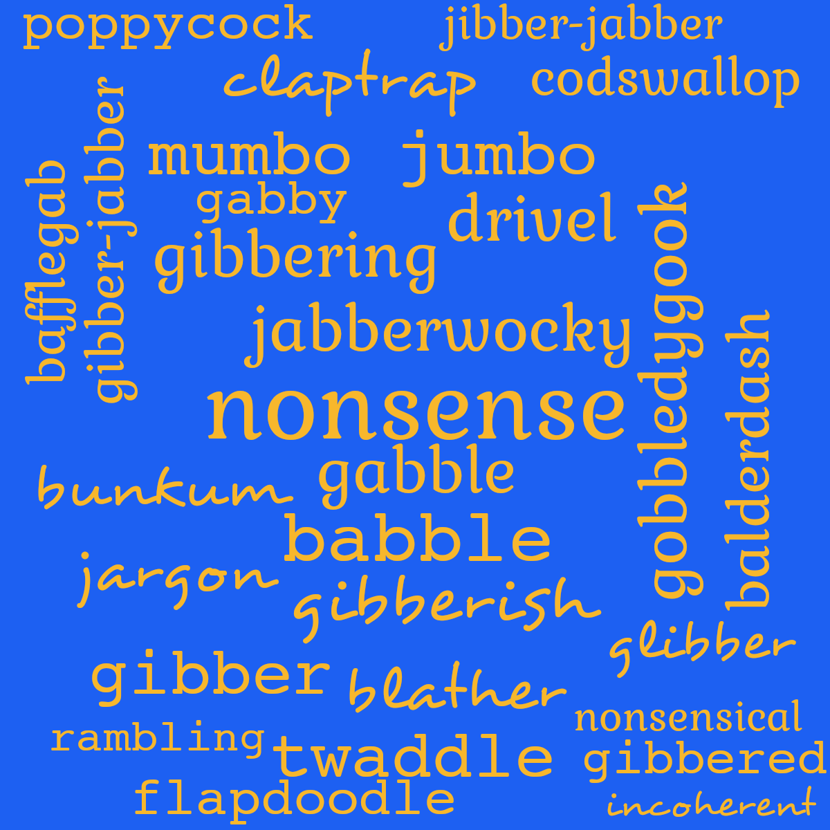 Word cloud with 28 words like nonsense, gabble and jabberwocky in bright orange and blue.