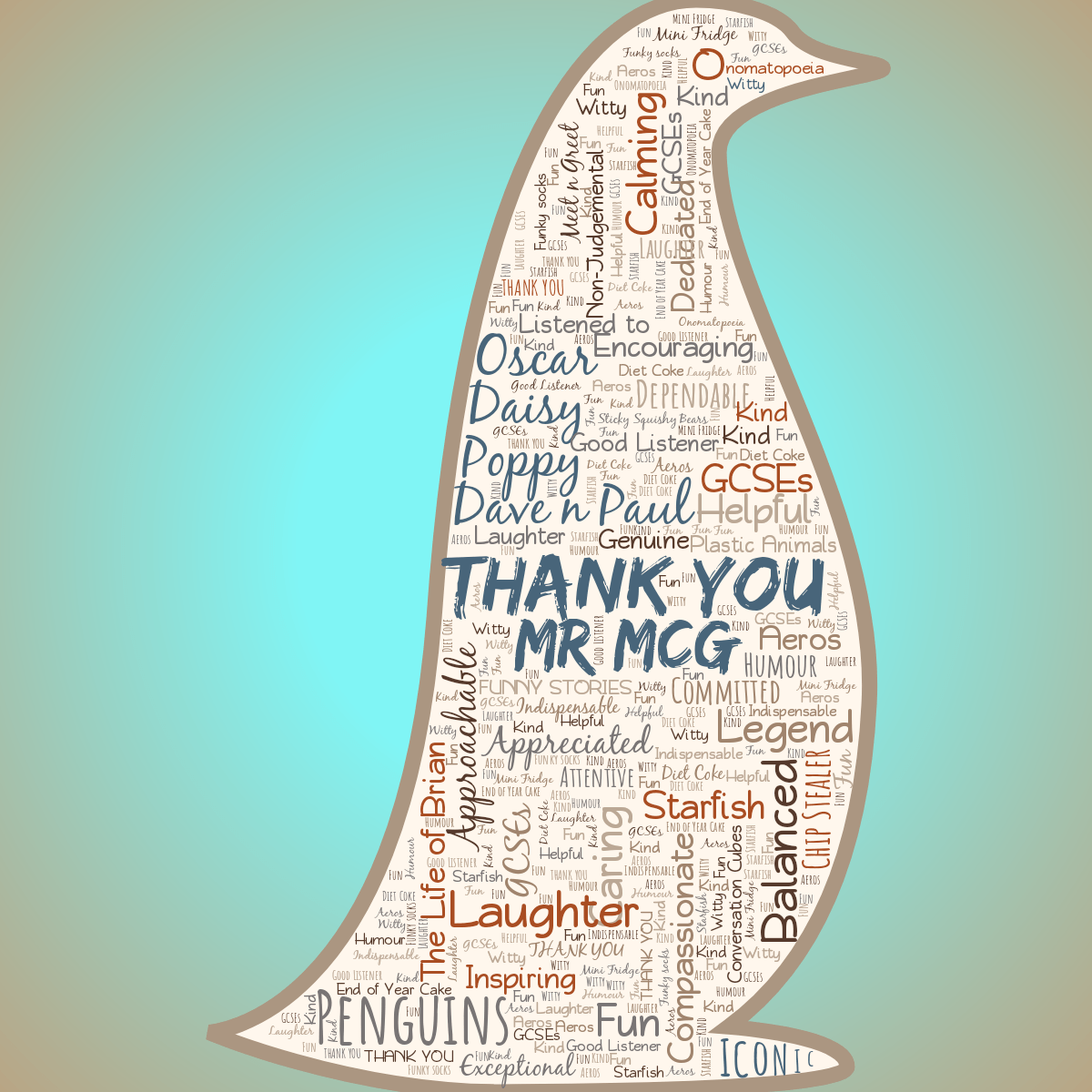 Word cloud in a Penguin shape with 18 words like Fun, GCSEs and Helpful in gray, orange and blue.