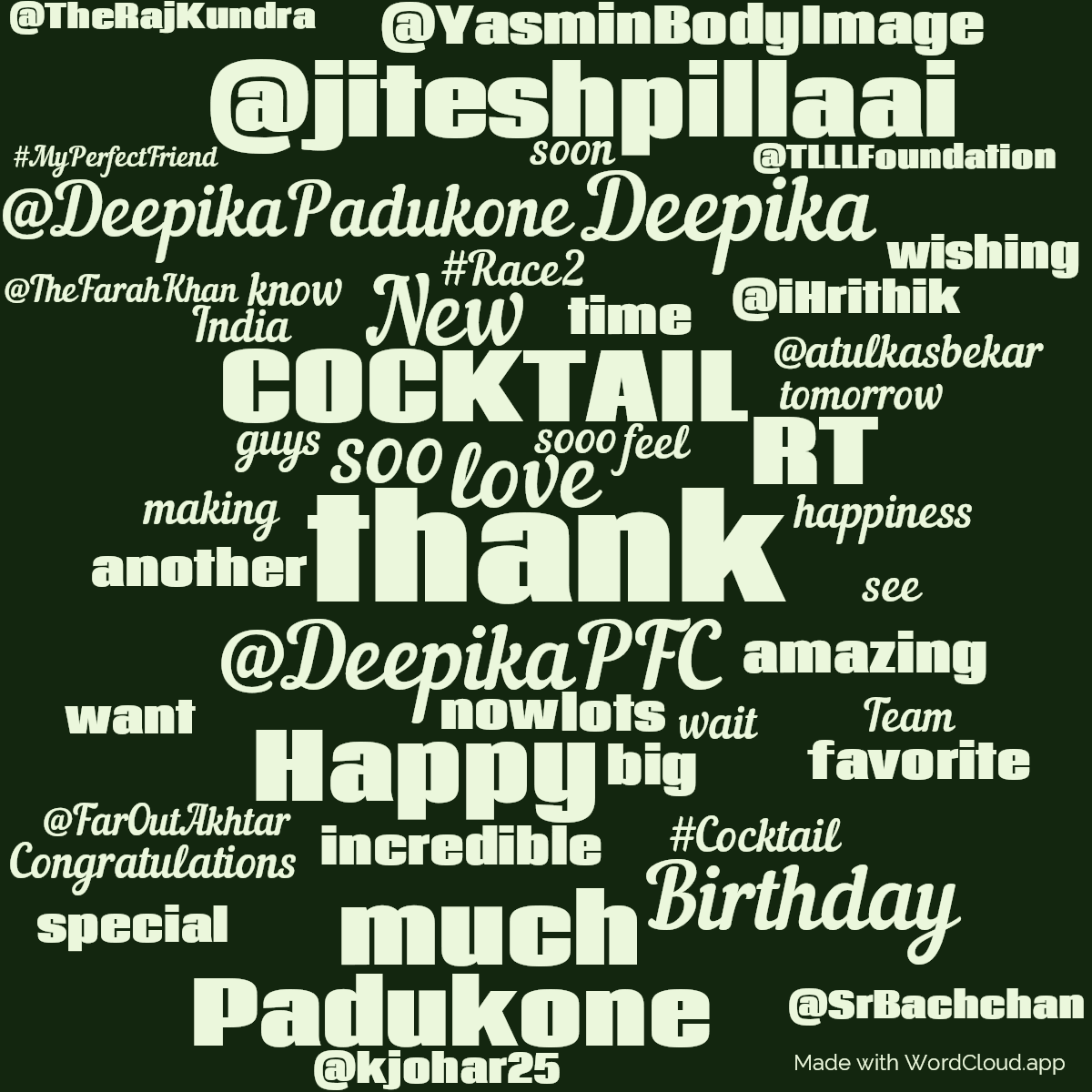 Word cloud with 50 words like thank, @DeepikaPFC and love in green.