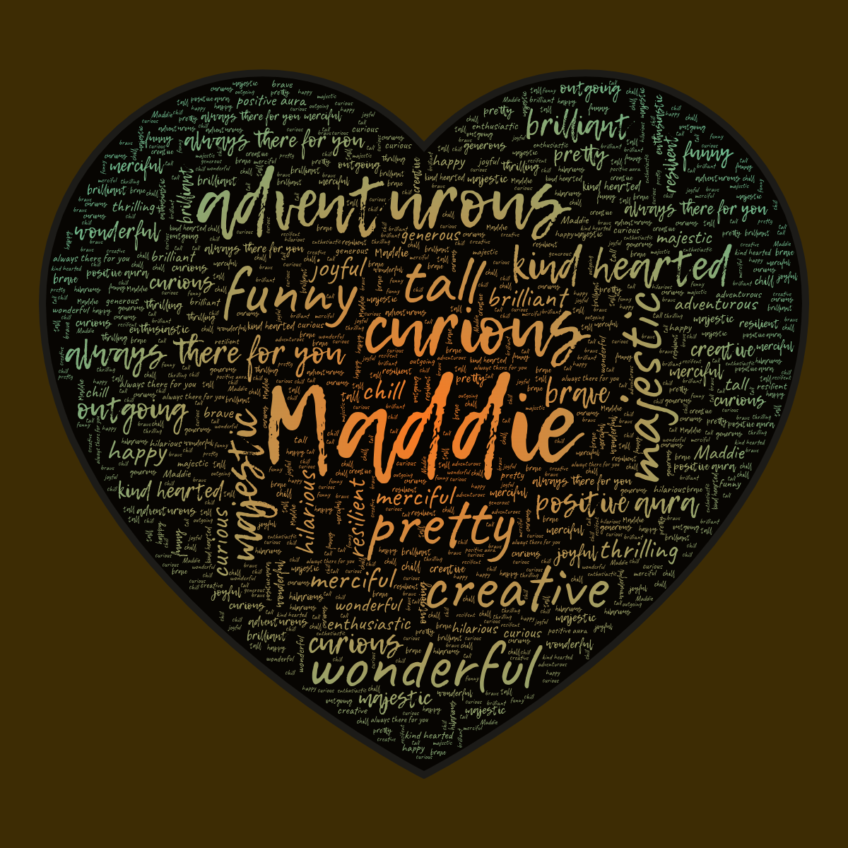 Word cloud in a Heart shape with 31 words like Maddie, pretty and curious in multicolor.