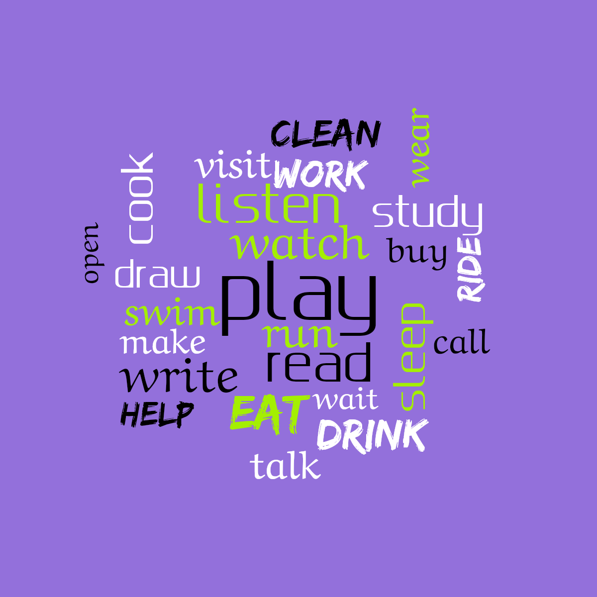 Word cloud with 25 words like play, watch and read in multicolor.