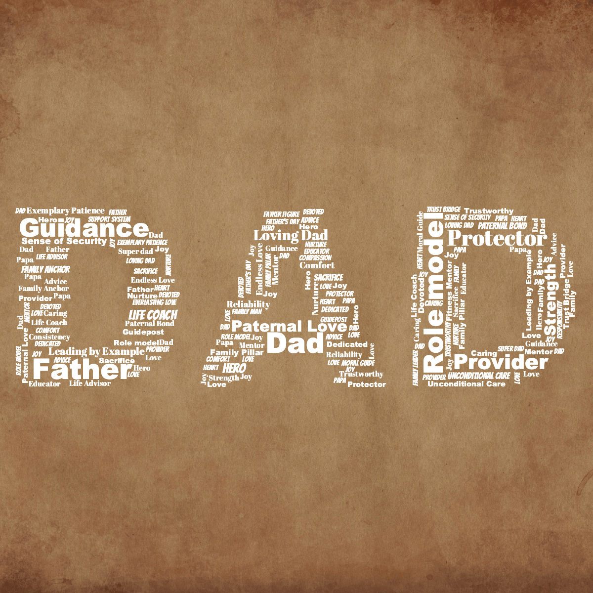 Word cloud in the shape of the word DAD with 54 words like Dad, Father and Role model in white.