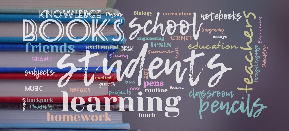 Word cloud with 61 words like students, school and learning in multicolor.