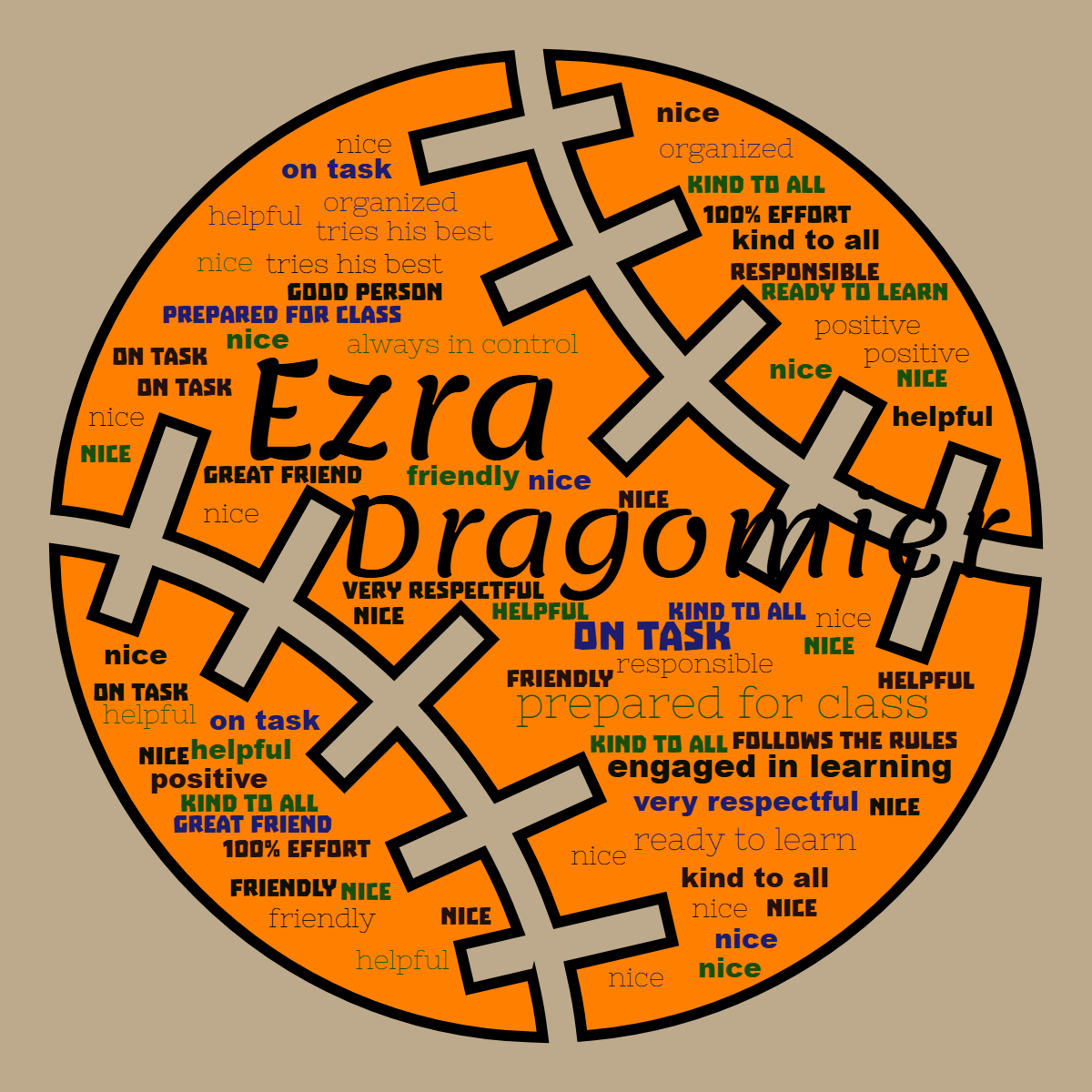 Word cloud in a Baseball shape with 19 words like nice, friendly and helpful in multicolor.