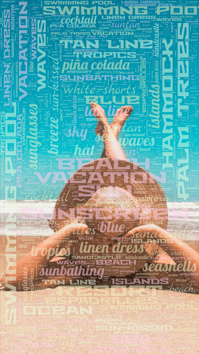 Word cloud with 30 words like vacation, beach and sun in pastel.