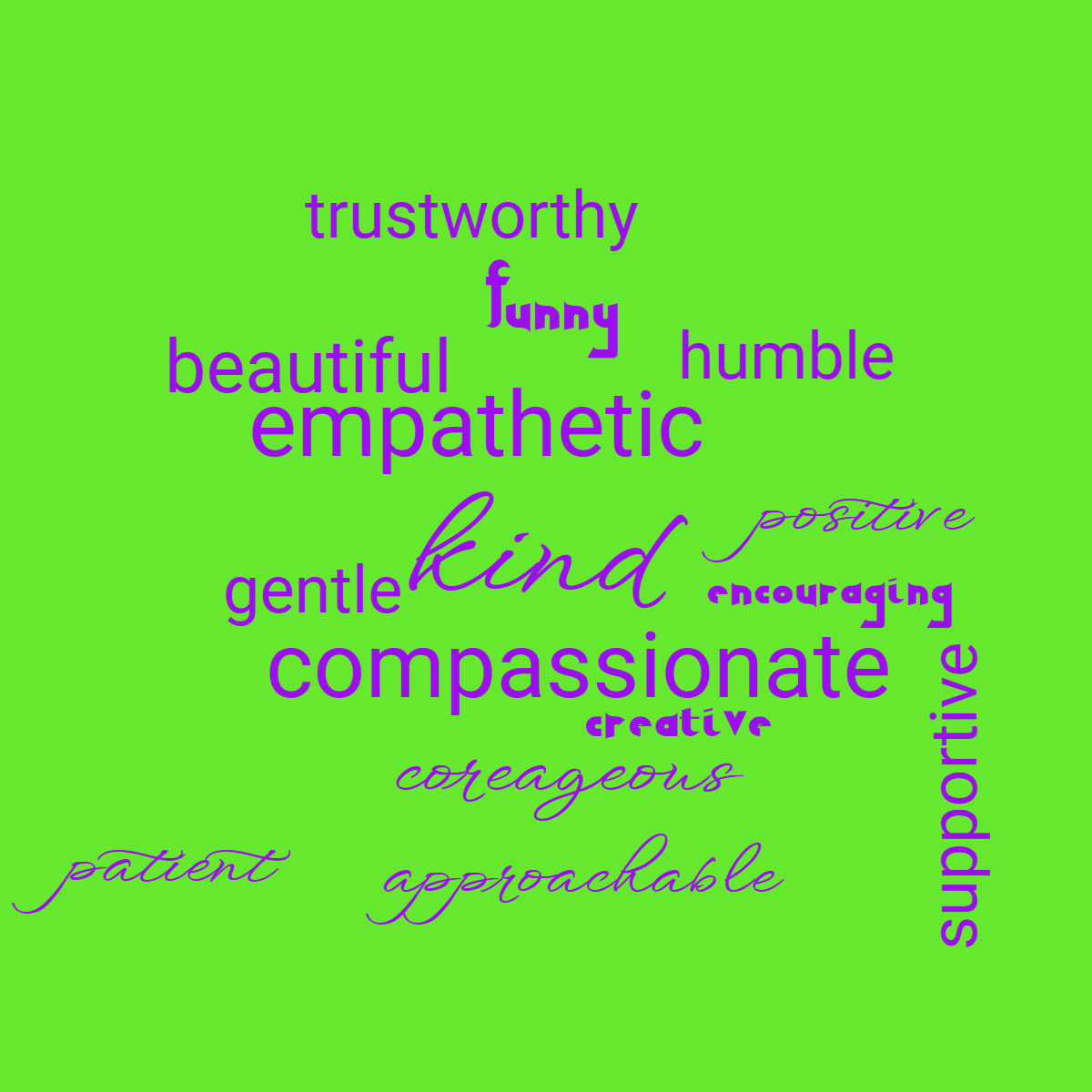 Word cloud with 15 words like kind, compassionate and empathetic in bright purple and green.