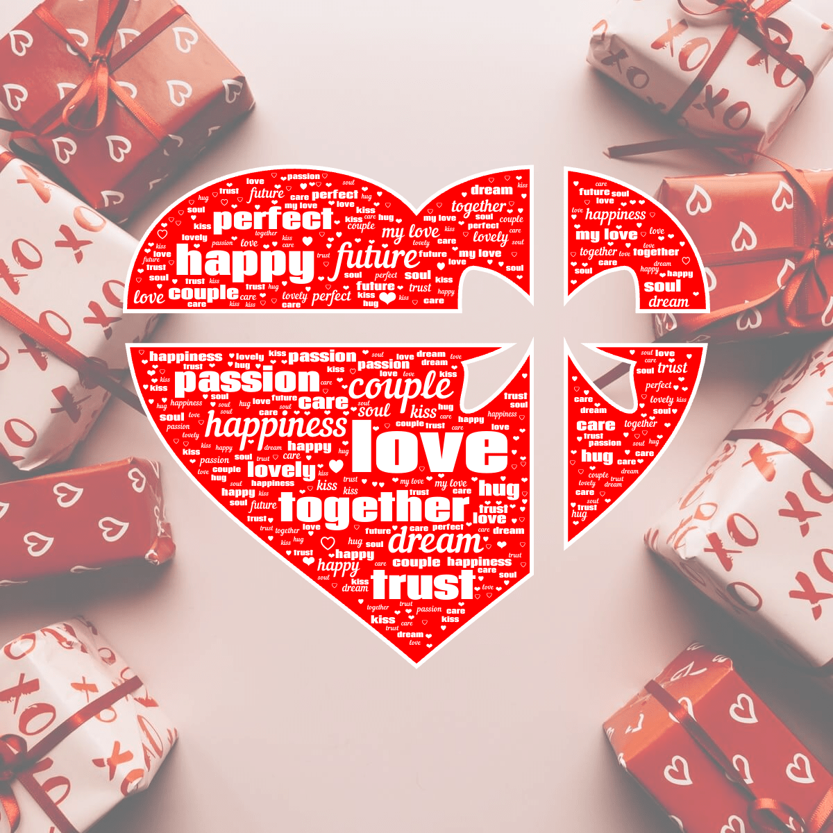 Word cloud in a Love Gift Heart shape with 19 words like love, couple and together in white and red.