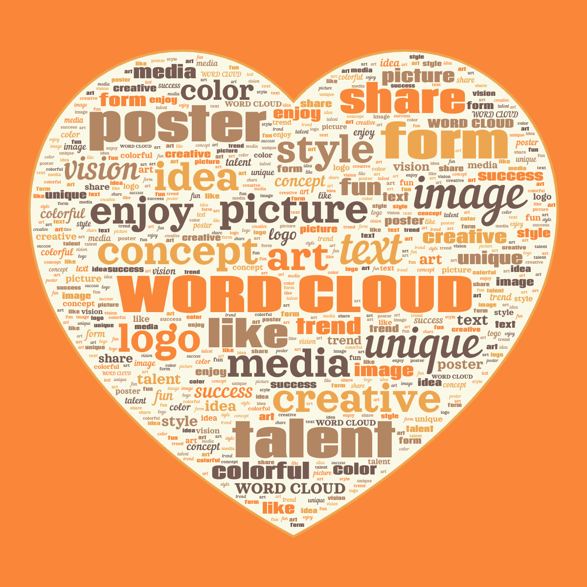 Word cloud in a Heart shape with 24 words like WORD CLOUD, art and picture in orange, red and yellow.