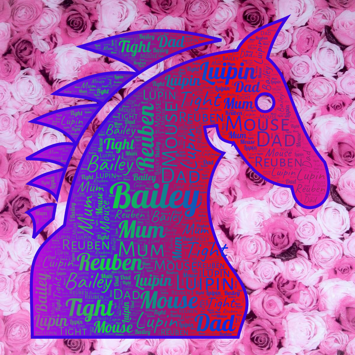 Word cloud in a Horse Face shape with 8 words like Bailey, Dad and Mouse in bright multicolor.