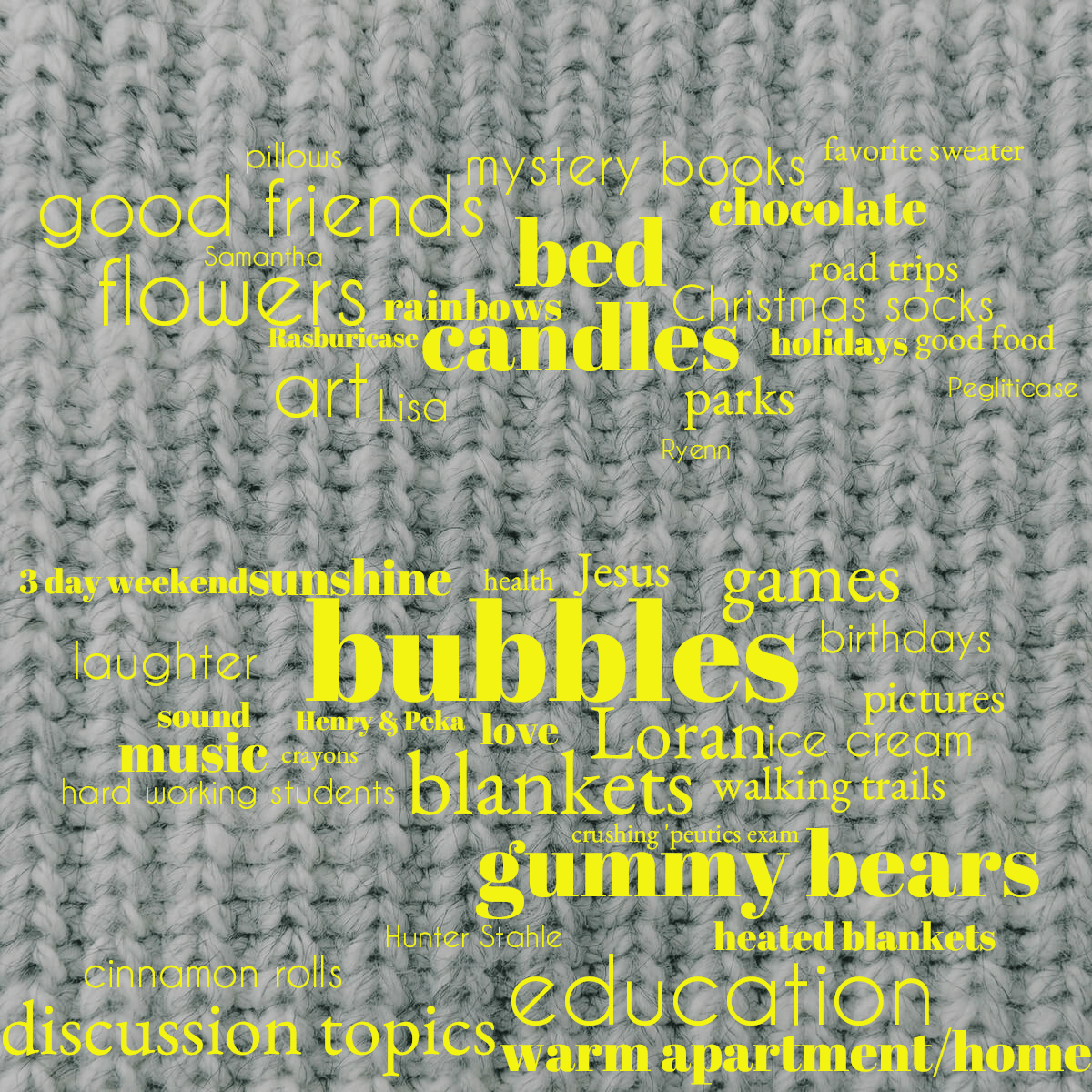 Word cloud with 47 words like bubbles, candles and blankets in bright yellow.