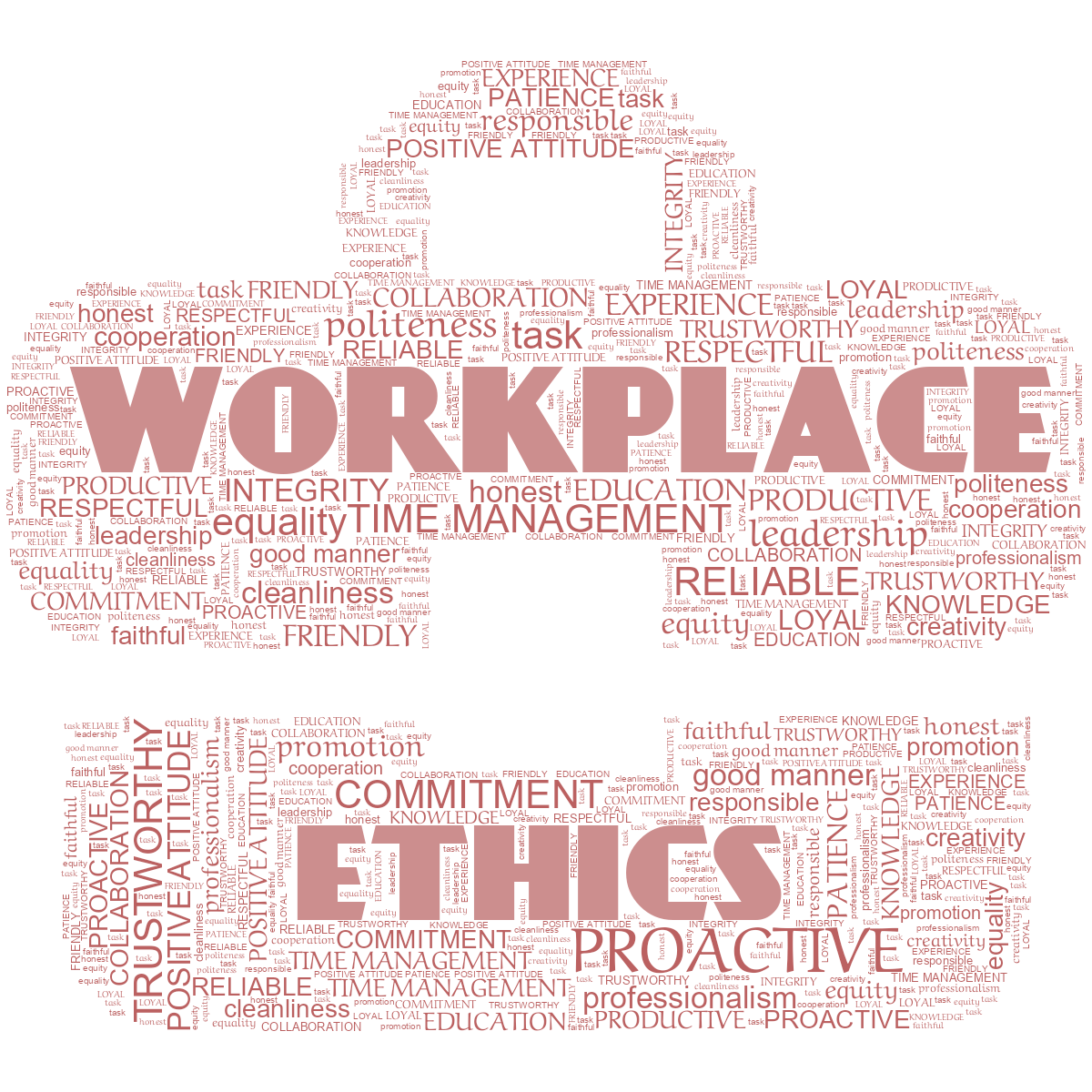 Word cloud in a Luggage Bag shape with 30 words like responsible, honest and equity in red and white.