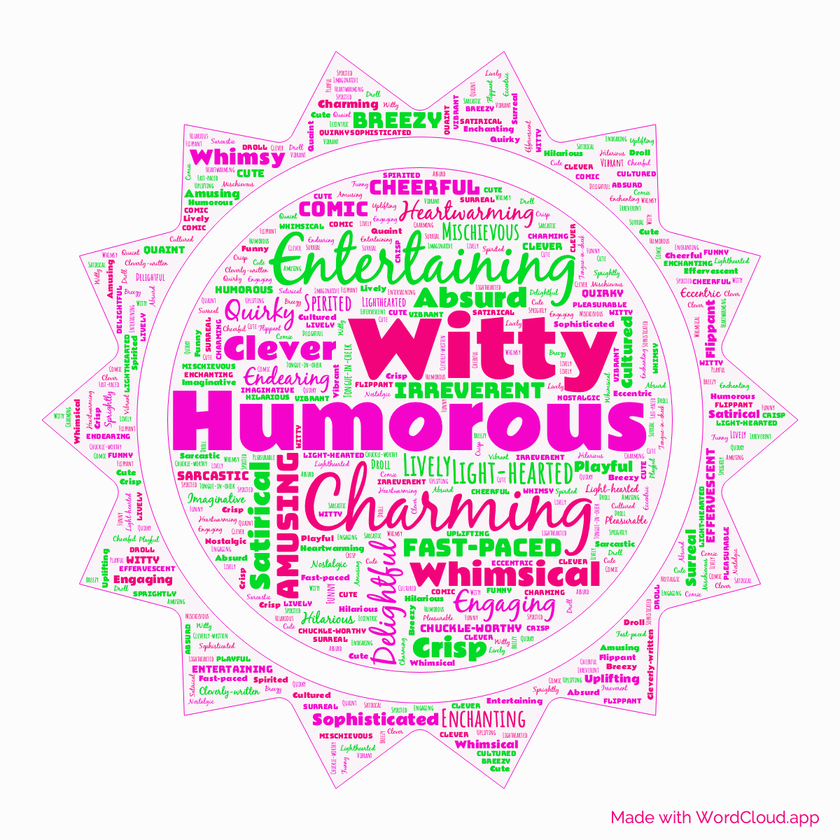 Word cloud of the book Joy in the Morning in a Sun shape with 49 words like Humorous, Witty and Charming.