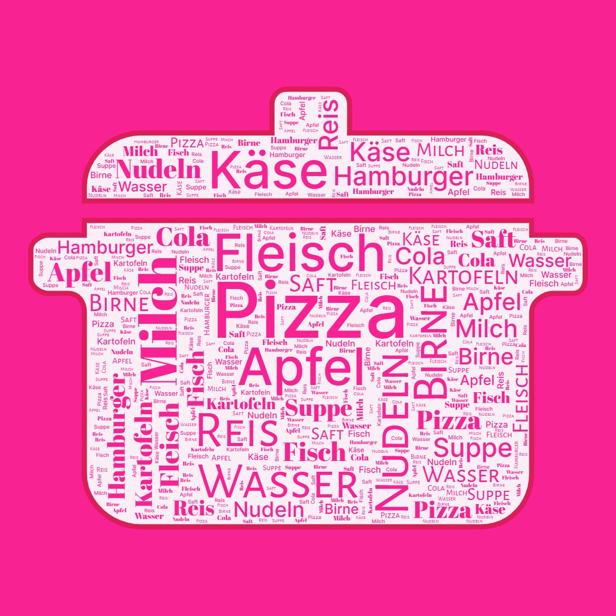 Word cloud in a Cooking Pot shape with 15 words like Pizza, Fleisch and Apfel in pink and red.
