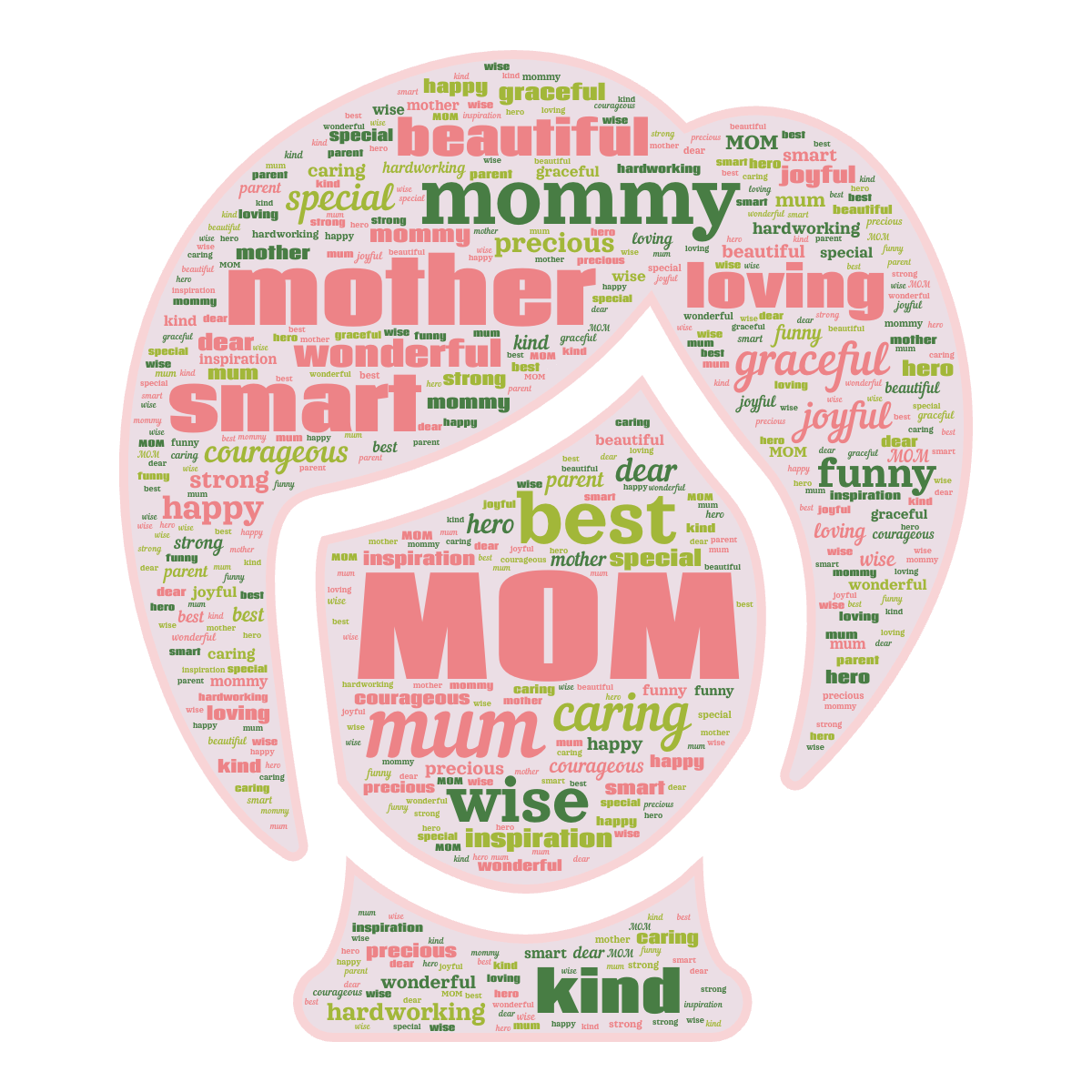 Word cloud in a Woman Face shape with 25 words like MOM, mum and mommy in red, green and pink.