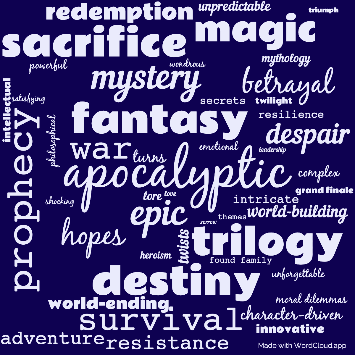 Word cloud of the book The Hero of Ages with 48 words like apocalyptic, fantasy and epic.
