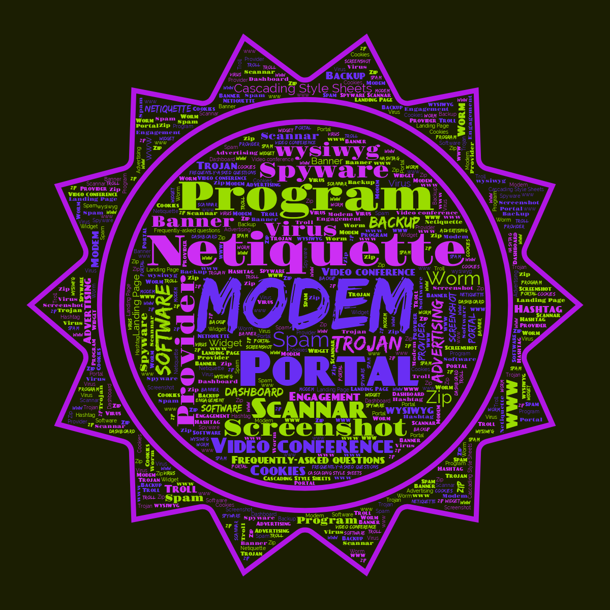 Word cloud in a Sun shape with 29 words like Modem, Netiquette and Portal in multicolor.