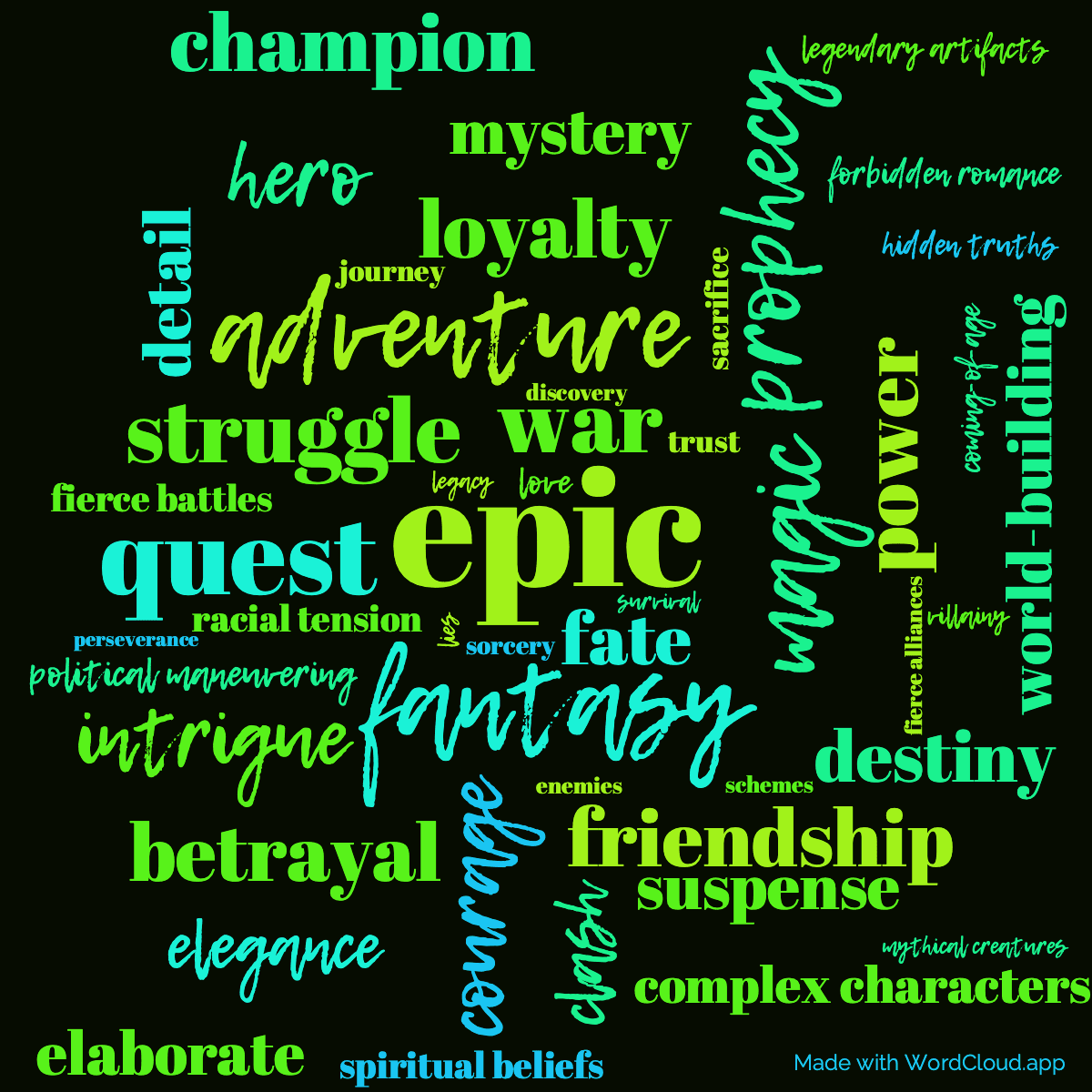 Word cloud of the book The Great Hunt with 49 words like epic, fantasy and adventure.