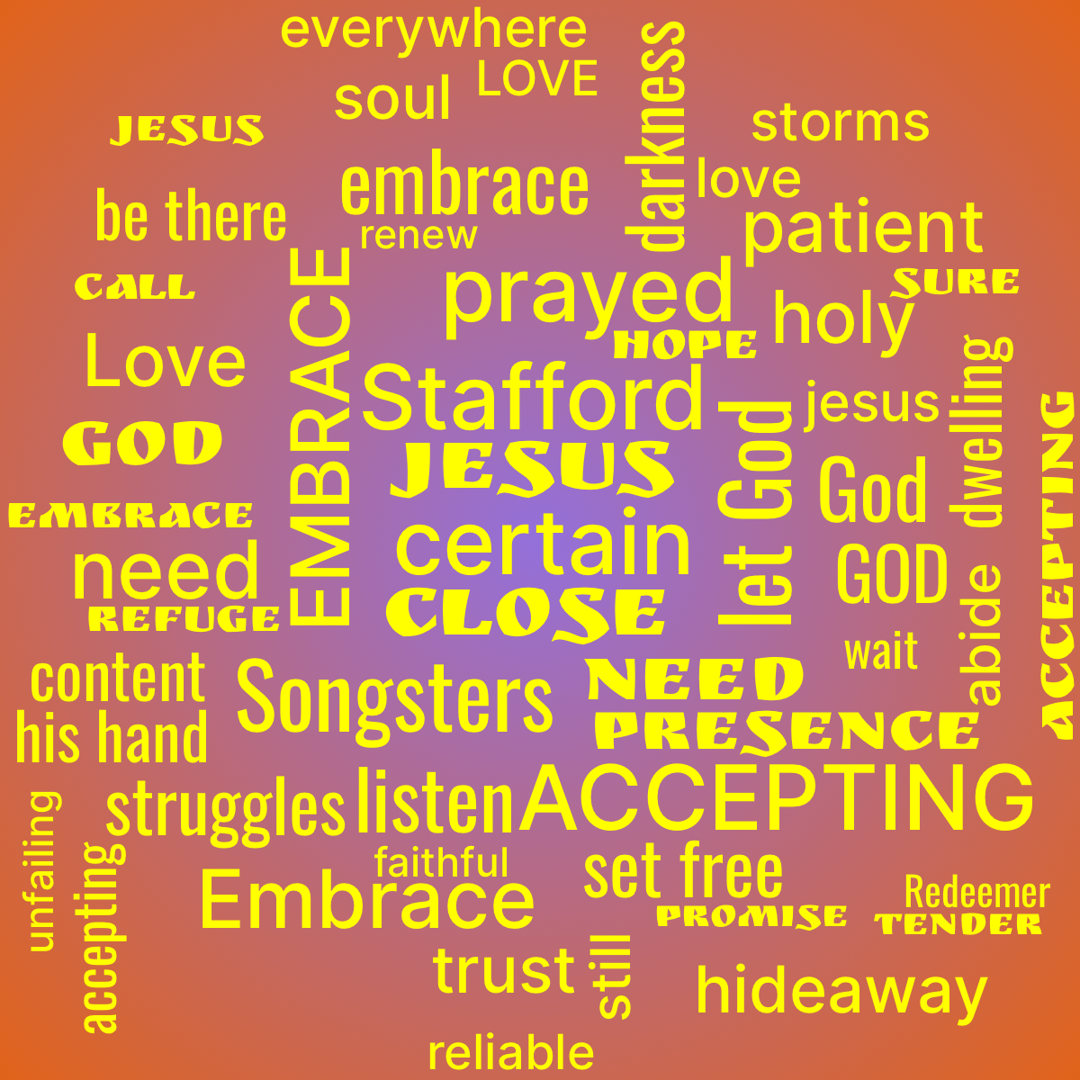 Word cloud with 54 words like Jesus, love and Songsters in green, purple and orange.