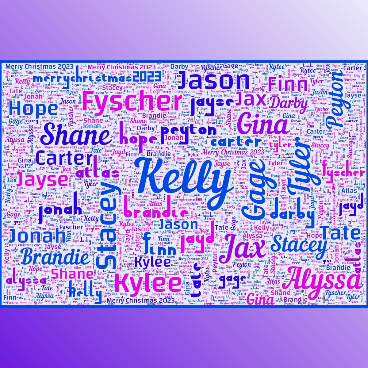 Word cloud in a Horizontal Rectangle shape with 23 words like Kelly , Brandie and Peyton in blue and purple.