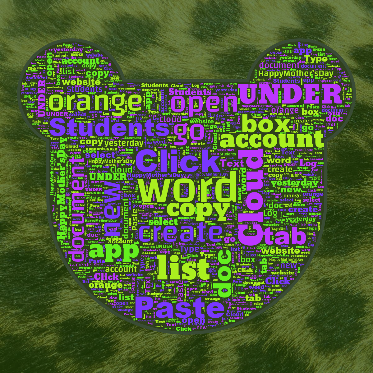 Word cloud in a Bear shape with 26 words like word, Click and go in green and purple.
